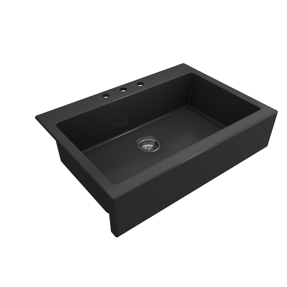 Nuova Apron Front Drop-In Fireclay 34 in. Single Bowl Kitchen Sink with Protective Bottom Grid and Strainer in Matte Dark Gra