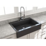 Nuova Apron Front Drop-In Fireclay 34 in. Single Bowl Kitchen Sink with Protective Bottom Grid and Strainer in Matte Dark Gra