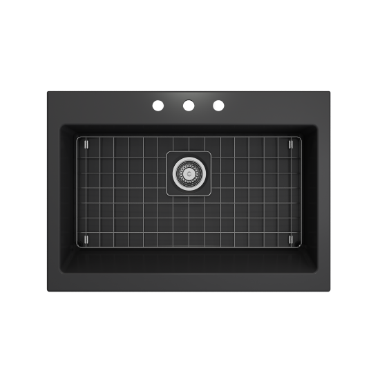 Nuova Apron Front Drop-In Fireclay 34 in. Single Bowl Kitchen Sink with Protective Bottom Grid and Strainer in Matte Dark Gra