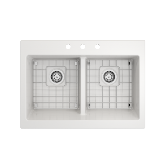 Nuova Apron Front Drop-In Fireclay 34 in. 50/50 Double Bowl Kitchen Sink with Protective Bottom Grids and Strainers in White