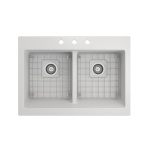 Front Drop-In Fireclay 34 in. 50/50 Double Bowl Kitchen Sink with Protective Bottom Grids and Strainers in Matte White