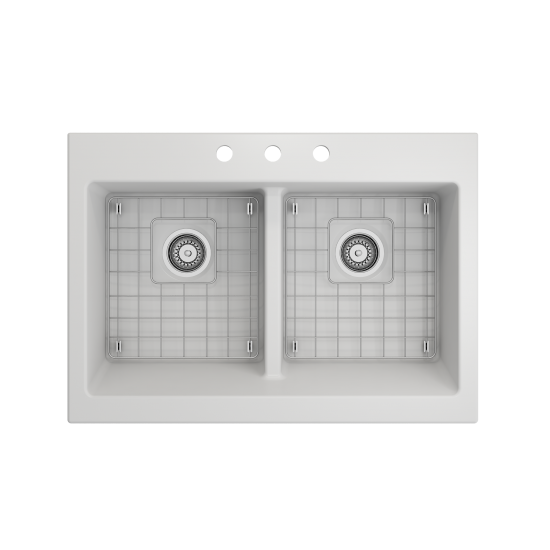 Front Drop-In Fireclay 34 in. 50/50 Double Bowl Kitchen Sink with Protective Bottom Grids and Strainers in Matte White
