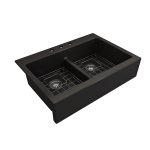 Front Drop-In Fireclay 34 in. 50/50 Double Bowl Kitchen Sink with Protective Bottom Grids and Strainers in Matte Black