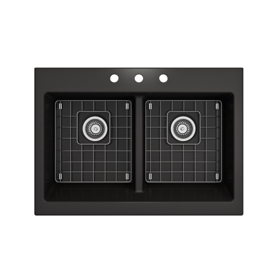 Front Drop-In Fireclay 34 in. 50/50 Double Bowl Kitchen Sink with Protective Bottom Grids and Strainers in Matte Black