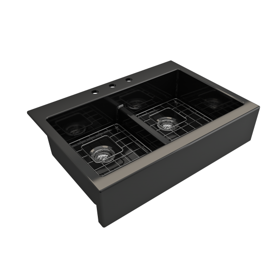 Nuova Apron Front Drop-In Fireclay 34 in. 50/50 Double Bowl Kitchen Sink with Protective Bottom Grids and Strainers in Black