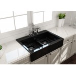 Nuova Apron Front Drop-In Fireclay 34 in. 50/50 Double Bowl Kitchen Sink with Protective Bottom Grids and Strainers in Black