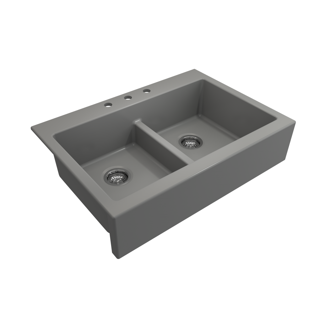 Front Drop-In Fireclay 34 in. 50/50 Double Bowl Kitchen Sink with Protective Bottom Grids and Strainers in Matte Gray