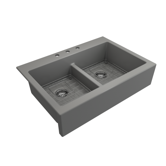 Front Drop-In Fireclay 34 in. 50/50 Double Bowl Kitchen Sink with Protective Bottom Grids and Strainers in Matte Gray