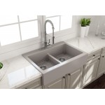 Front Drop-In Fireclay 34 in. 50/50 Double Bowl Kitchen Sink with Protective Bottom Grids and Strainers in Matte Gray