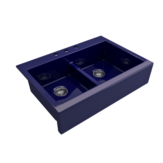 Front Drop-In Fireclay 34 in. 50/50 Double Bowl Kitchen Sink with Protective Bottom Grids and Strainers in Sapphire Blue