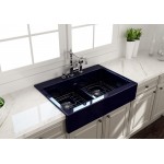 Front Drop-In Fireclay 34 in. 50/50 Double Bowl Kitchen Sink with Protective Bottom Grids and Strainers in Sapphire Blue