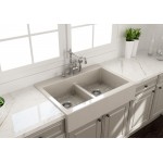 Nuova Apron Front Drop-In Fireclay 34 in. 50/50 Double Bowl Kitchen Sink with Protective Bottom Grids and Strainers in Biscui