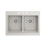 Nuova Apron Front Drop-In Fireclay 34 in. 50/50 Double Bowl Kitchen Sink with Protective Bottom Grids and Strainers in Biscui