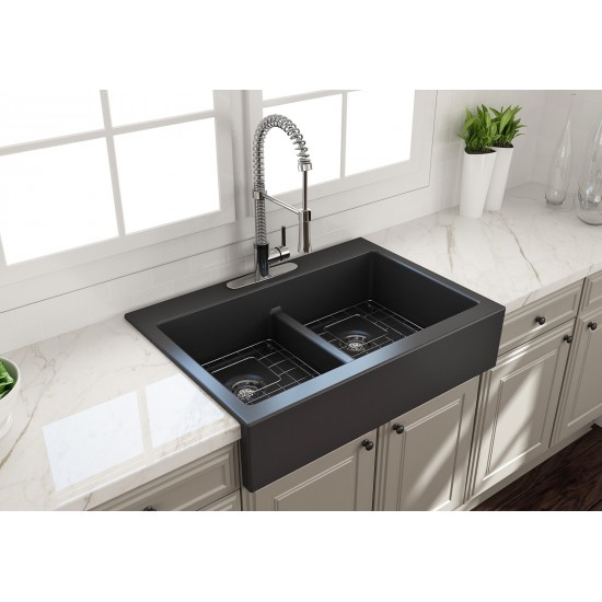 Front Drop-In Fireclay 34 in. 50/50 Double Bowl Kitchen Sink with Protective Bottom Grids and Strainers in Matte Dark Gray