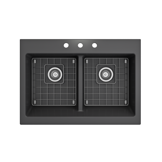 Front Drop-In Fireclay 34 in. 50/50 Double Bowl Kitchen Sink with Protective Bottom Grids and Strainers in Matte Dark Gray