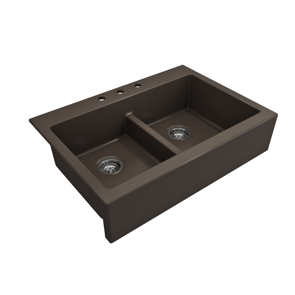 Front Drop-In Fireclay 34 in. 50/50 Double Bowl Kitchen Sink with Protective Bottom Grids and Strainers in Matte Brown