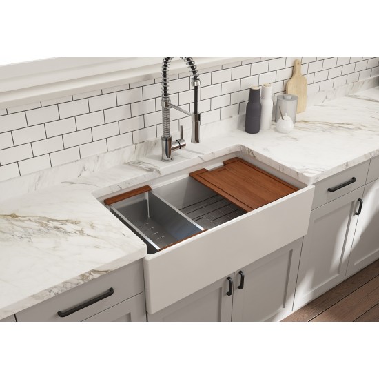 Contempo Apron Front Step Rim with Integrated Work Station Fireclay 33 in. Single Bowl Kitchen Sink with Accessories in White