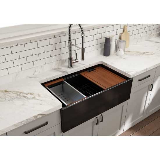 Contempo Apron Front Step Rim with Integrated Work Station Fireclay 33 in. Single Bowl Kitchen Sink with Accessories in Black