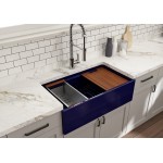 Apron Front Step Rim with Integrated Work Station Fireclay 33 in. Single Bowl Kitchen Sink with Accessories in Sapphire Blue