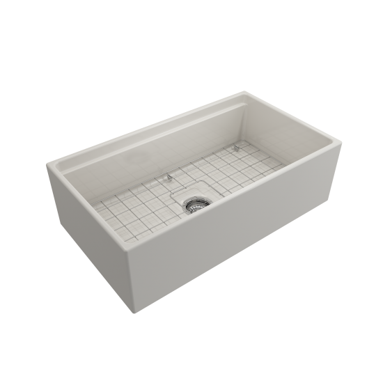 Apron Front Step Rim with Integrated Work Station Fireclay 33 in. Single Bowl Kitchen Sink with Accessories in Biscuit
