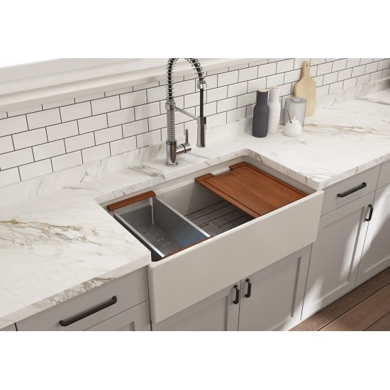 Apron Front Step Rim with Integrated Work Station Fireclay 33 in. Single Bowl Kitchen Sink with Accessories in Biscuit