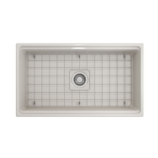 Apron Front Step Rim with Integrated Work Station Fireclay 33 in. Single Bowl Kitchen Sink with Accessories in Biscuit