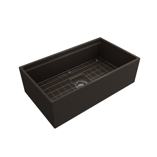 Apron Front Step Rim with Integrated Work Station Fireclay 33 in. Single Bowl Kitchen Sink with Accessories in Matte Brown