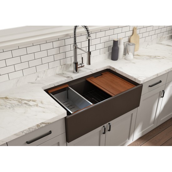 Apron Front Step Rim with Integrated Work Station Fireclay 33 in. Single Bowl Kitchen Sink with Accessories in Matte Brown
