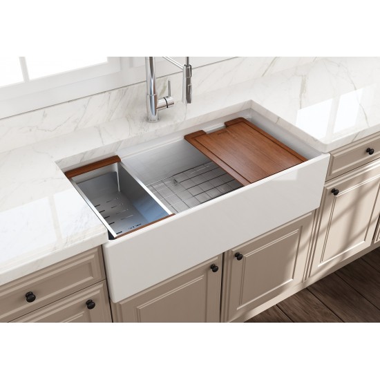 Contempo Apron Front Step Rim with Integrated Work Station Fireclay 36 in. Single Bowl Kitchen Sink with Accessories in White