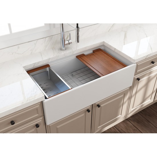 Apron Front Step Rim with Integrated Work Station Fireclay 36 in. Single Bowl Kitchen Sink with Accessories in Matte White