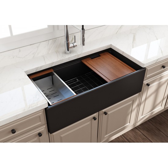 Apron Front Step Rim with Integrated Work Station Fireclay 36 in. Single Bowl Kitchen Sink with Accessories in Matte Black