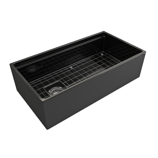 Contempo Apron Front Step Rim with Integrated Work Station Fireclay 36 in. Single Bowl Kitchen Sink with Accessories in Black