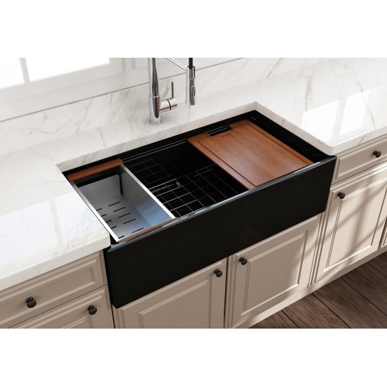 Contempo Apron Front Step Rim with Integrated Work Station Fireclay 36 in. Single Bowl Kitchen Sink with Accessories in Black