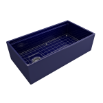Apron Front Step Rim with Integrated Work Station Fireclay 36 in. Single Bowl Kitchen Sink with Accessories in Sapphire Blue