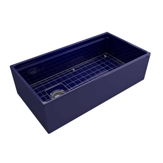 Apron Front Step Rim with Integrated Work Station Fireclay 36 in. Single Bowl Kitchen Sink with Accessories in Sapphire Blue