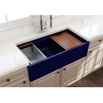 Apron Front Step Rim with Integrated Work Station Fireclay 36 in. Single Bowl Kitchen Sink with Accessories in Sapphire Blue