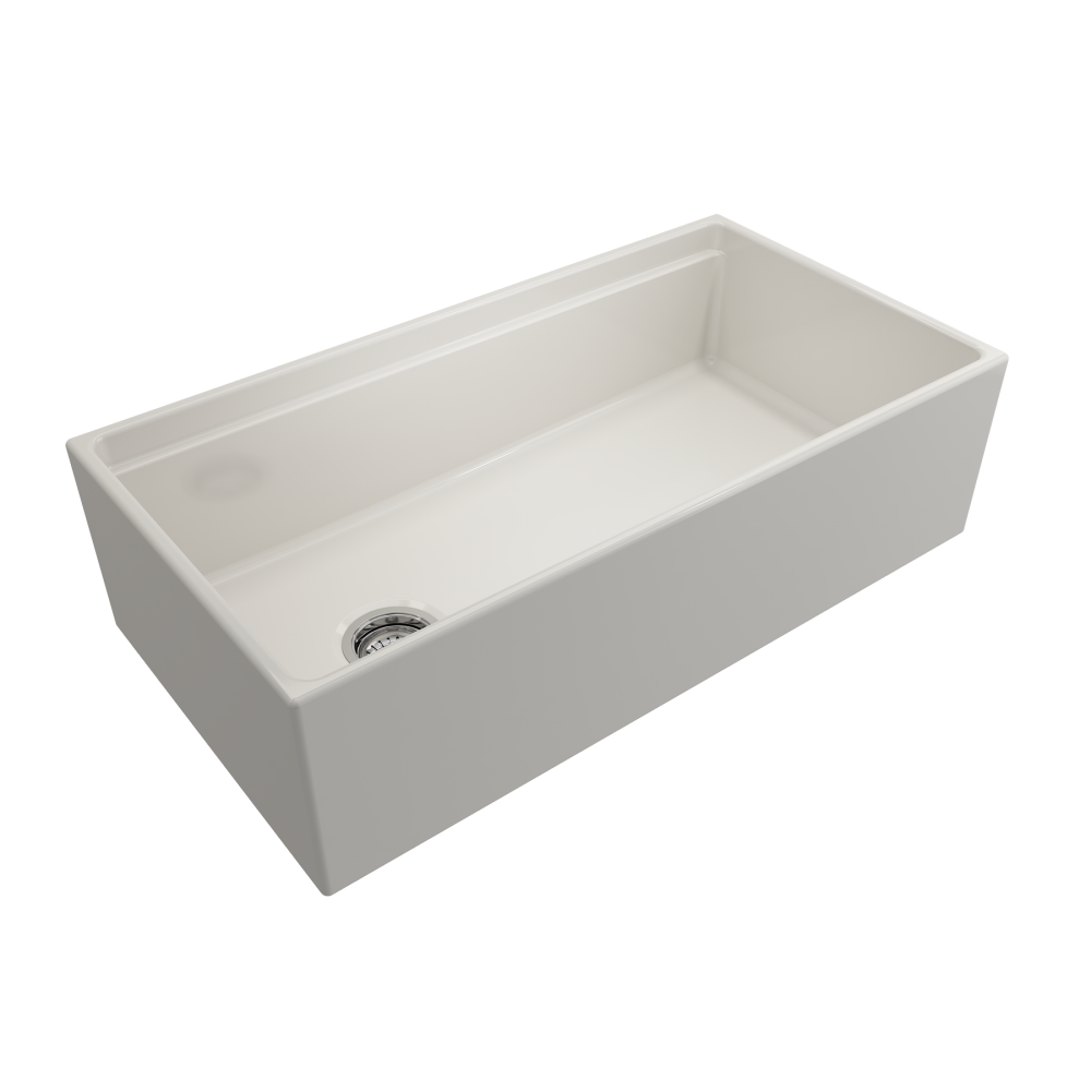 Apron Front Step Rim with Integrated Work Station Fireclay 36 in. Single Bowl Kitchen Sink with Accessories in Biscuit