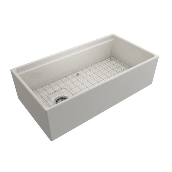 Apron Front Step Rim with Integrated Work Station Fireclay 36 in. Single Bowl Kitchen Sink with Accessories in Biscuit