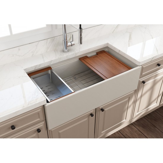 Apron Front Step Rim with Integrated Work Station Fireclay 36 in. Single Bowl Kitchen Sink with Accessories in Biscuit