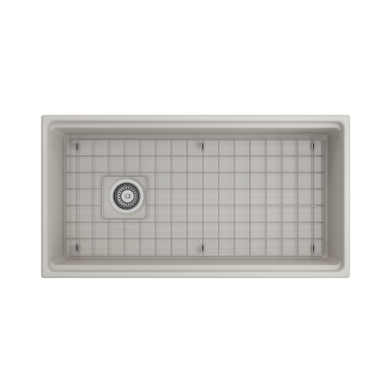 Apron Front Step Rim with Integrated Work Station Fireclay 36 in. Single Bowl Kitchen Sink with Accessories in Biscuit
