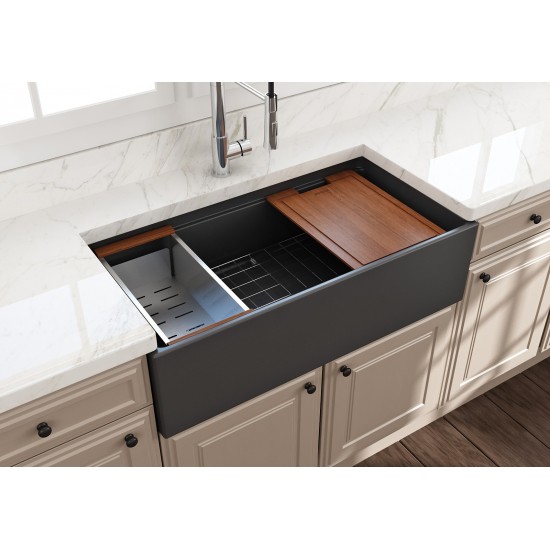 Apron Front Step Rim with Integrated Work Station Fireclay 36 in. Single Bowl Kitchen Sink with Accessories in Matte Dark Gra