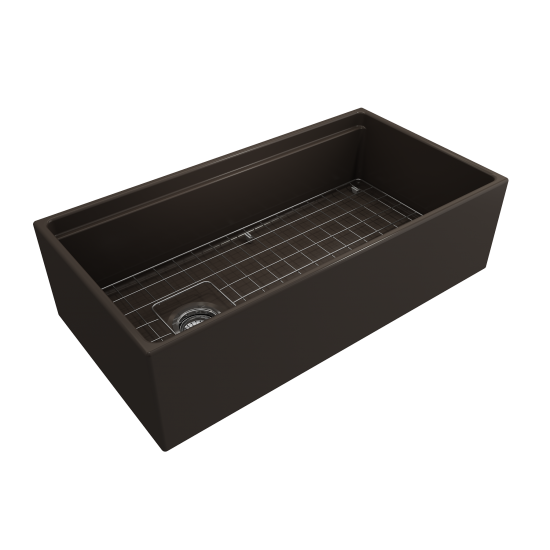 Apron Front Step Rim with Integrated Work Station Fireclay 36 in. Single Bowl Kitchen Sink with Accessories in Matte Brown