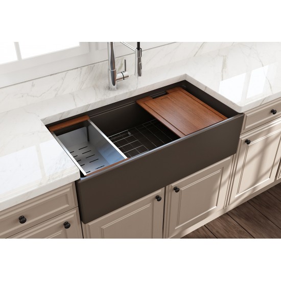 Apron Front Step Rim with Integrated Work Station Fireclay 36 in. Single Bowl Kitchen Sink with Accessories in Matte Brown