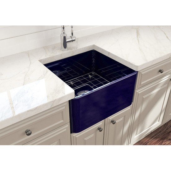 Farmhouse Apron Front Fireclay 20 in. Single Bowl Kitchen Sink with Protective Bottom Grid and Strainer in Sapphire Blue