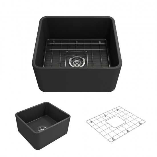 Farmhouse Apron Front Fireclay 20 in. Single Bowl Kitchen Sink with Protective Bottom Grid and Strainer in Matte Dark Gray