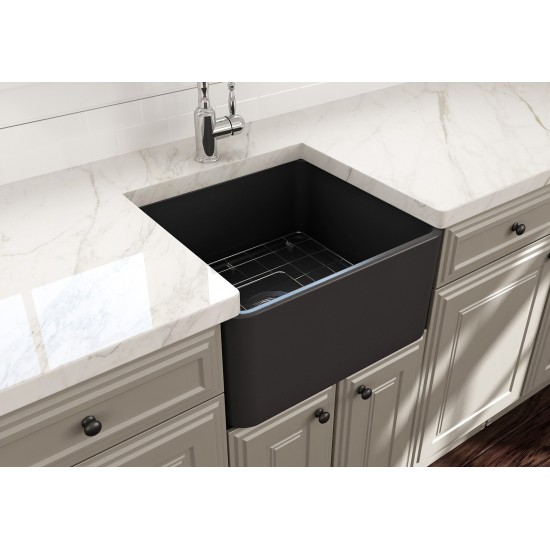 Farmhouse Apron Front Fireclay 20 in. Single Bowl Kitchen Sink with Protective Bottom Grid and Strainer in Matte Dark Gray