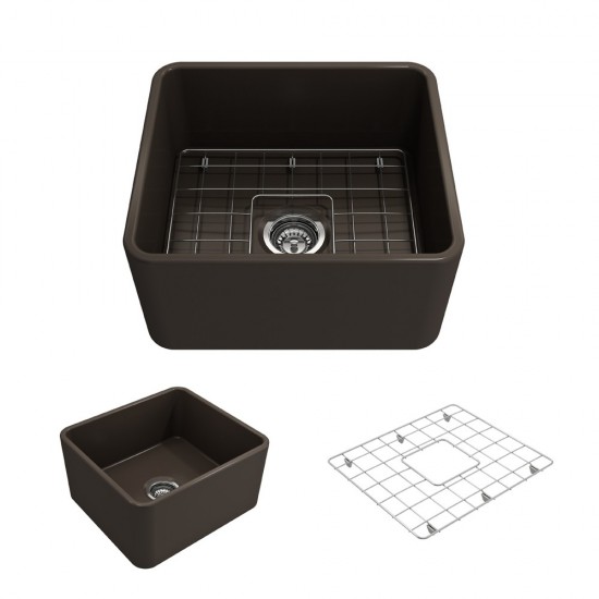 Farmhouse Apron Front Fireclay 20 in. Single Bowl Kitchen Sink with Protective Bottom Grid and Strainer in Matte Brown