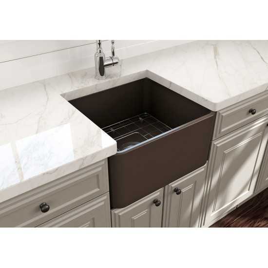 Farmhouse Apron Front Fireclay 20 in. Single Bowl Kitchen Sink with Protective Bottom Grid and Strainer in Matte Brown