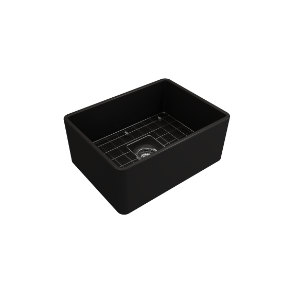 Farmhouse Apron Front Fireclay 24 in. Single Bowl Kitchen Sink with Protective Bottom Grid and Strainer in Matte Black