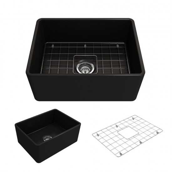 Farmhouse Apron Front Fireclay 24 in. Single Bowl Kitchen Sink with Protective Bottom Grid and Strainer in Matte Black